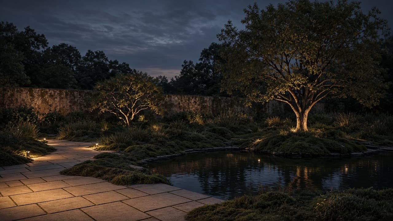 Finished garden at dusk, lighting along the path