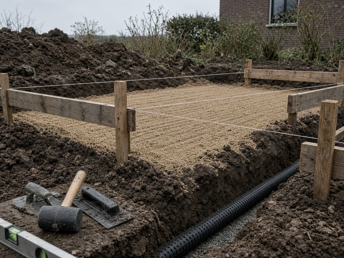 Garden construction in progress: earthworks, sand bed and levels