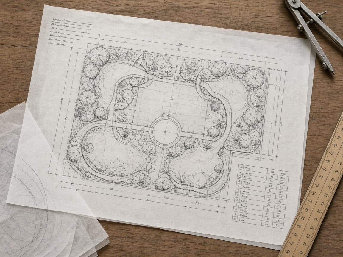 Technical sketch of a garden plan on tracing paper